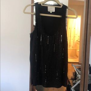 Black silk sequin tank with feather detailing